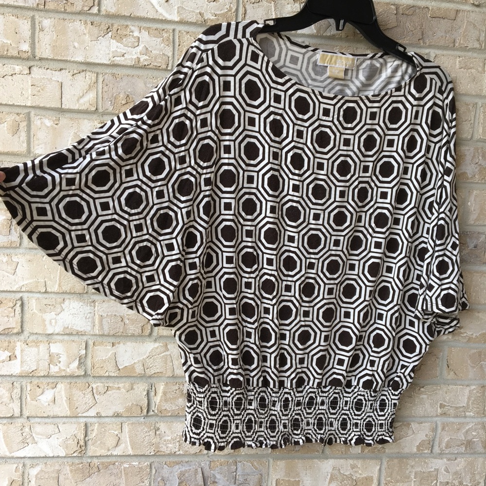 Michael Kors Brown White Dolman Sleeve Top Small S Geometric